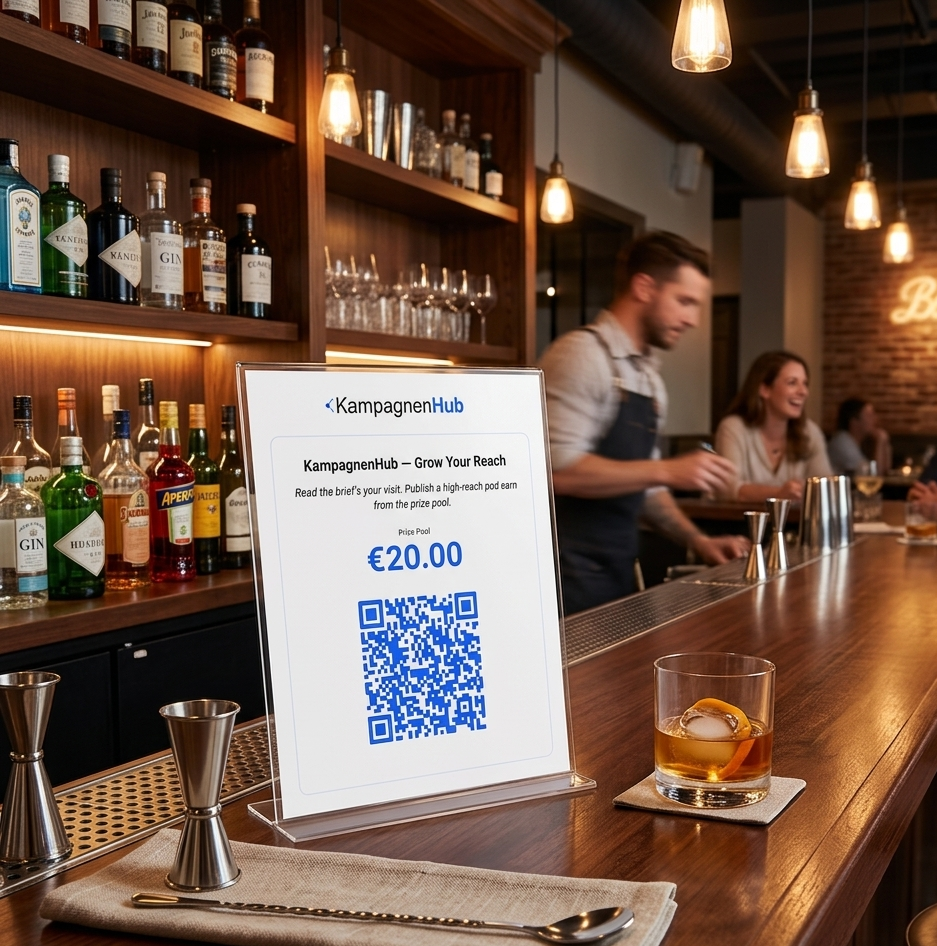 Gedruckter Kampagnen-QR-Code auf einem Bartresen